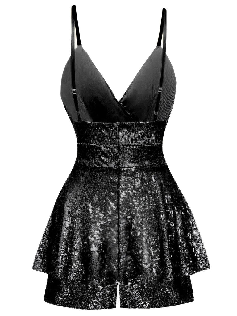1960er Pailletten Riemchen V-Ausschnitt Culotte Romper