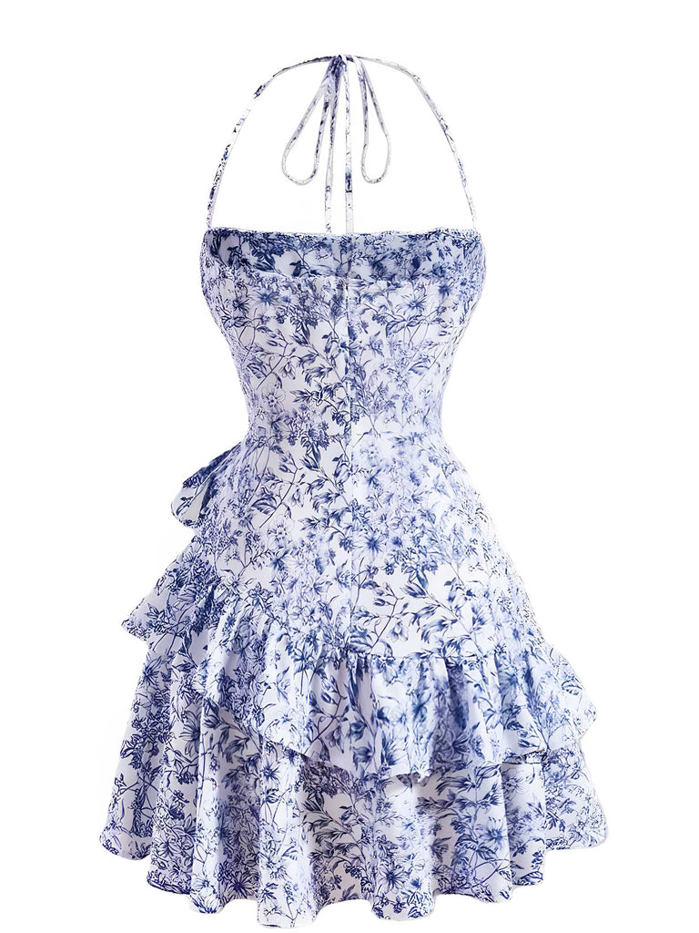 1970er Halter Abgestuft Rüschen Blumen Kleid