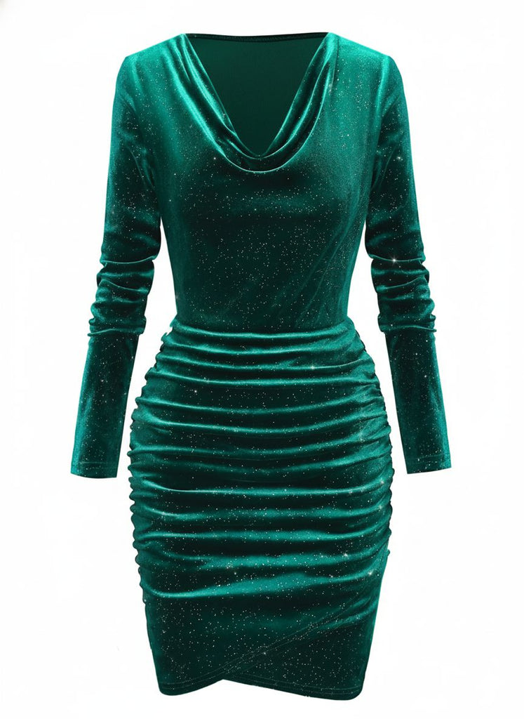 1960er Solide Samt Langarm Wasserfallausschnitt Kleid