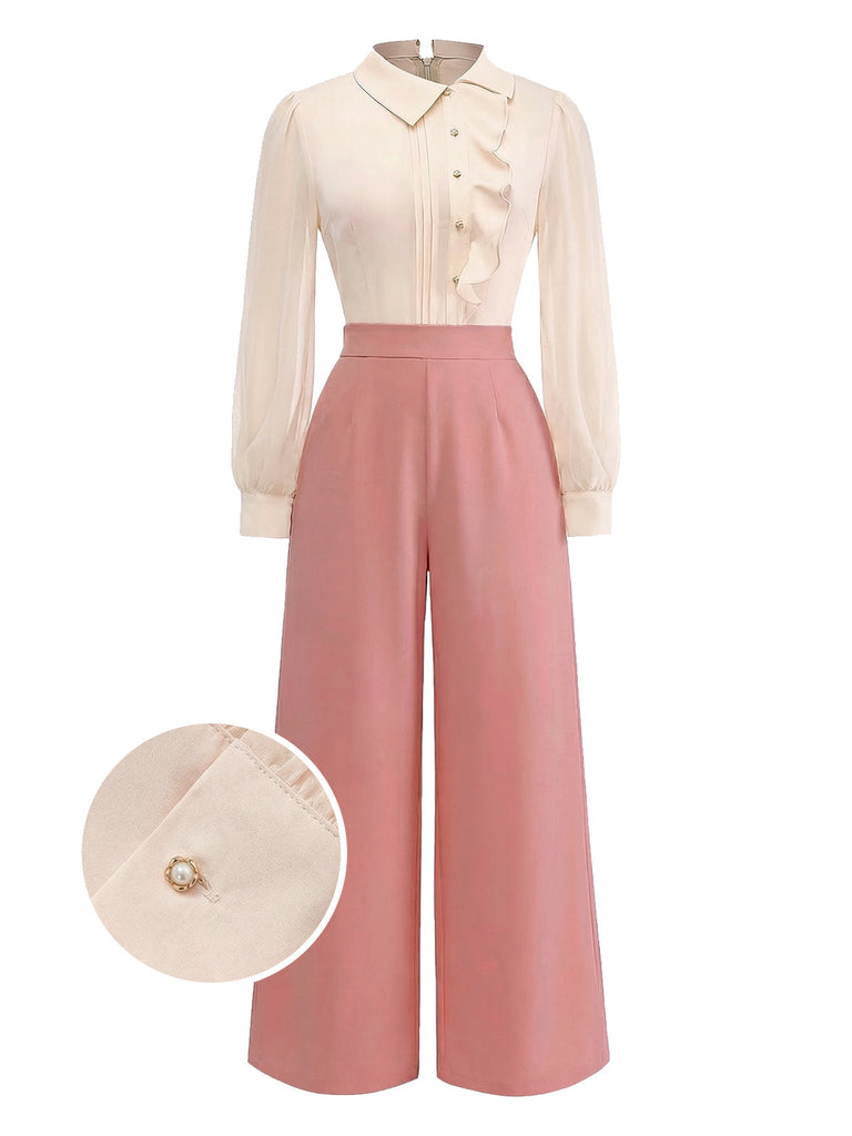 [Vorverkauf] Rosa 1930er Rüschen Revers Lang Ärmel Jumpsuit