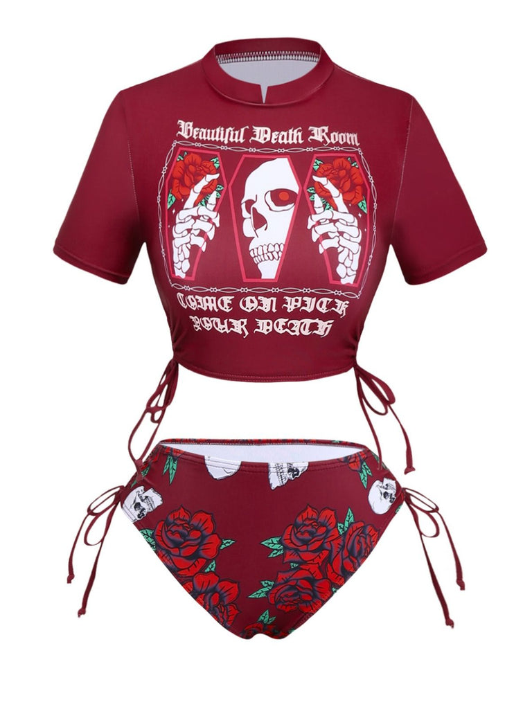 1980er Totenkopf Rose Grafik Tankini Set