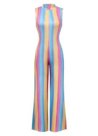 1970er Regenbogen Streifen Ärmellos Weites Bein Jumpsuit