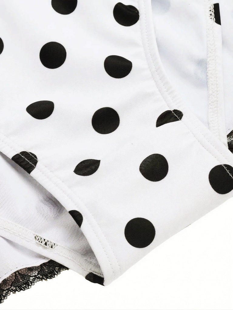 [Vorverkauf] Weiß 1940er Halter Polka Dots Schleife Einteiliger Badeanzug