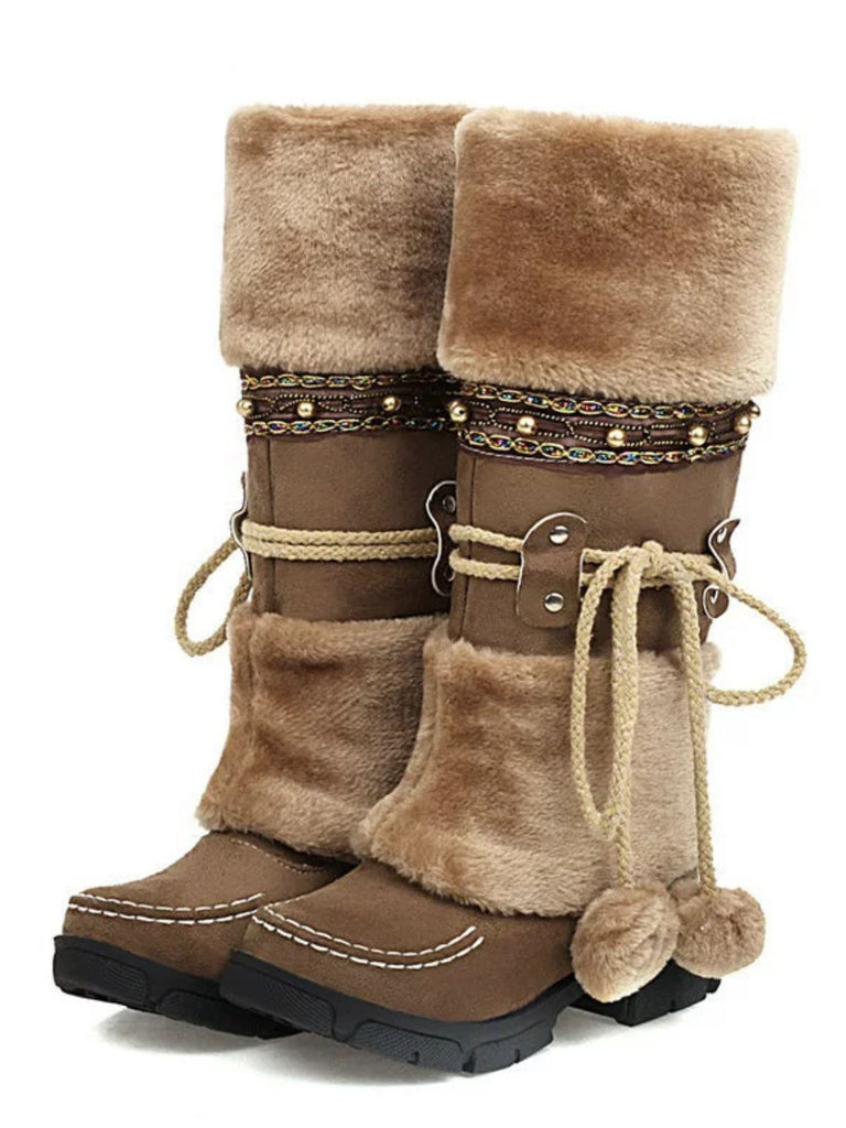 Vintage Kunstpelz Bommel Winter Schnee Stiefel