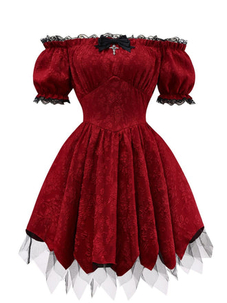 Rot 1970er Gothic Spitzen Bogen Schulterfrei Kleid