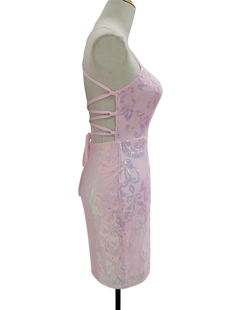 1920er Solide Pailletten Spaghetti Träger Rückenfrei Kleid