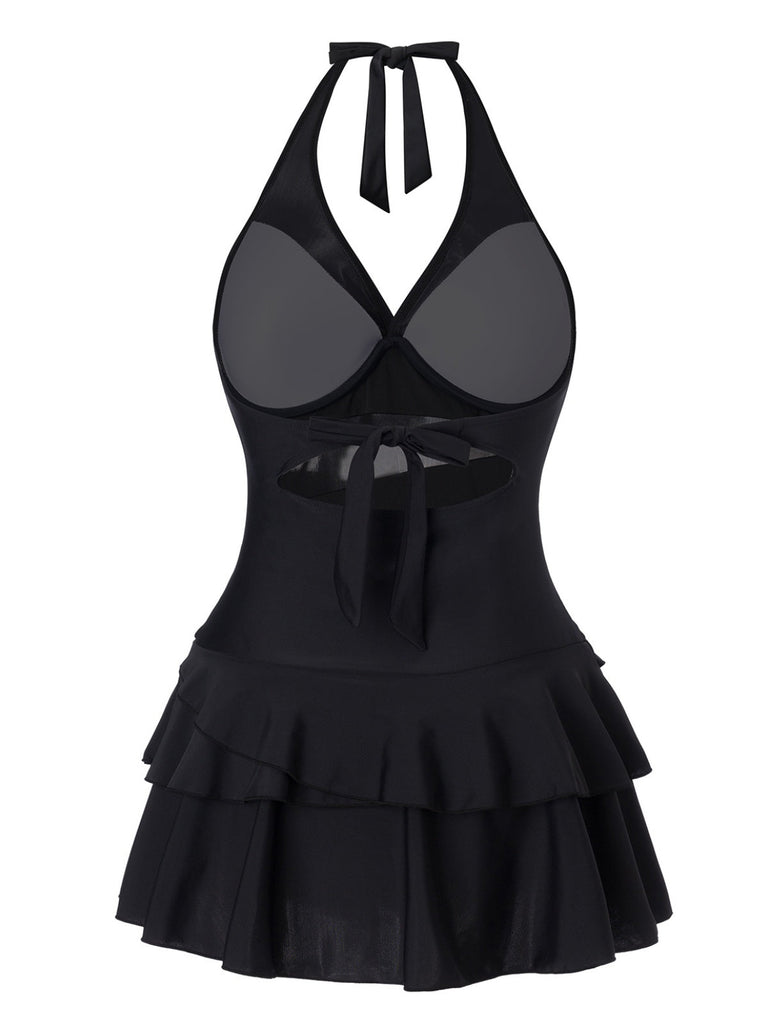 Schwarz 1940er Mehrlagiger Saum Halter Badekleid