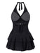 Schwarz 1940er Mehrlagiger Saum Halter Badekleid