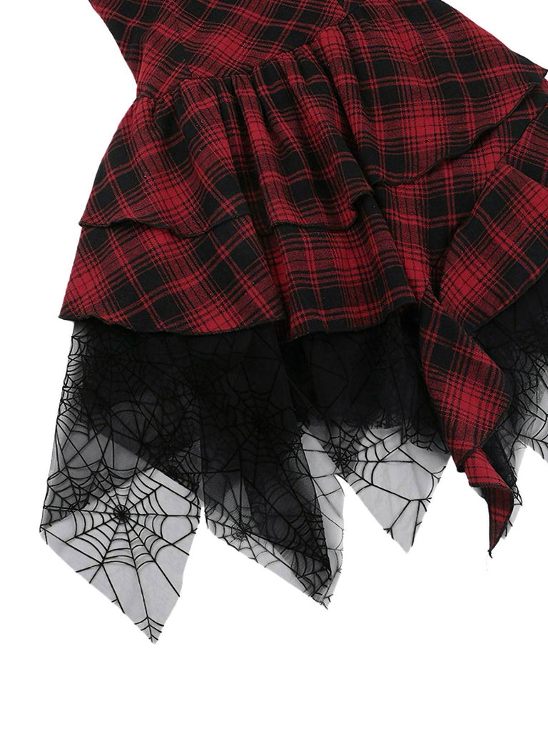 Rot 1970er Spinnennetz Netz Tartan Trägerlos Kleid