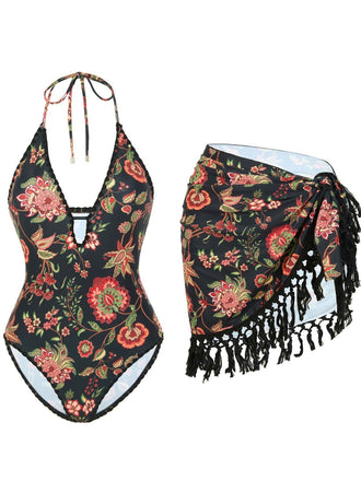 2PCS 1960er Tief V-Ausschnitt Fransen Badeanzug & Cover-Up