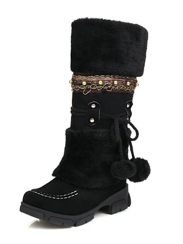 Vintage Kunstpelz Bommel Winter Schnee Stiefel