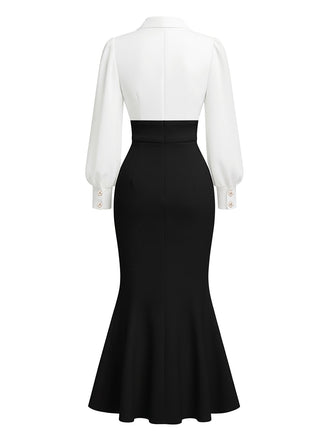 Rückansicht des zweifarbigen Meerjungfrauenkleides, die die figurbetonte, hochtaillierte Silhouette und den ausgestellten Fischschwanzsaum zeigt.