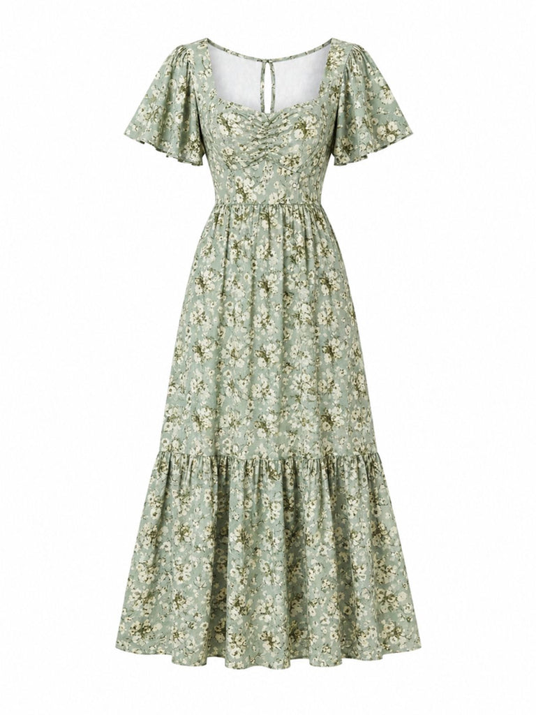 Grünes 50er Chiffon-Kleid mit Flatterärmel und Ditsy-Blumen