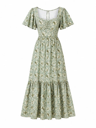 Grünes 50er Chiffon-Kleid mit Flatterärmel und Ditsy-Blumen