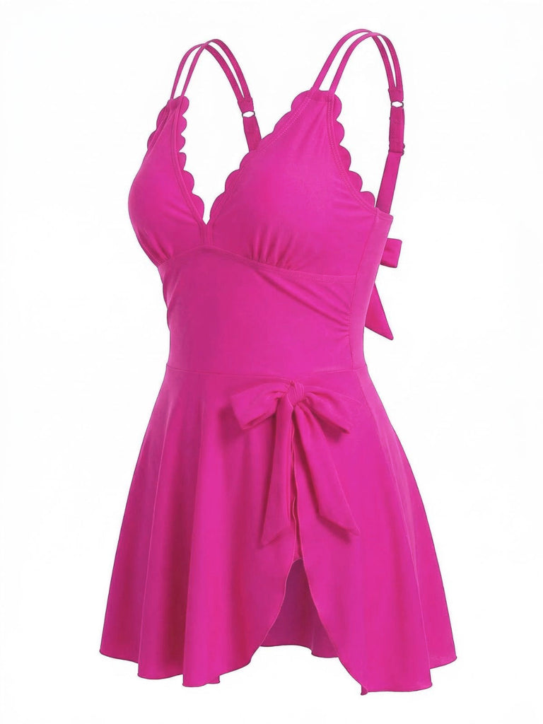 Spaghettiträger-Badekleid mit Schleife und Muschelsaum aus den 1930er Jahren – Vintage-Kleid, Retro-Mode