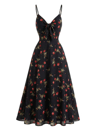 [Vorverkauf] Schwarzes 30er Slip-Kleid mit Rosen und V-Ausschnitt