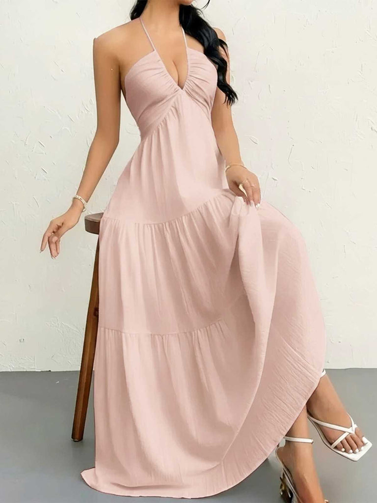 30er Maxikleid mit V-Ausschnitt und Neckholder