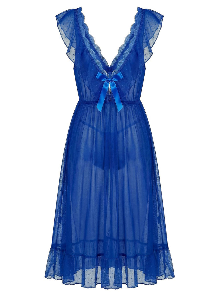 Nachthemd im Prinzessinnenstil der 1930er Jahre mit Polka-Dots, Spaghettiträgern und Netzmuster – Vintage-Nachthemd, Retro-Schlafanzug