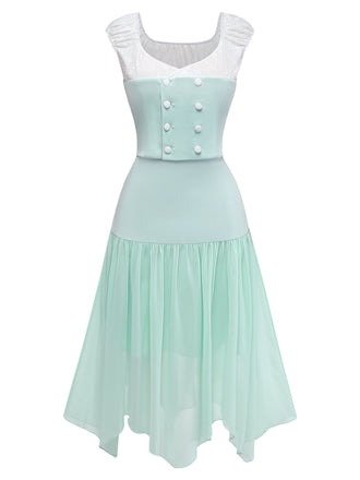 2PCS Grün 1930er Spitze Flügelärmel Top & Asymmetrisch Rock