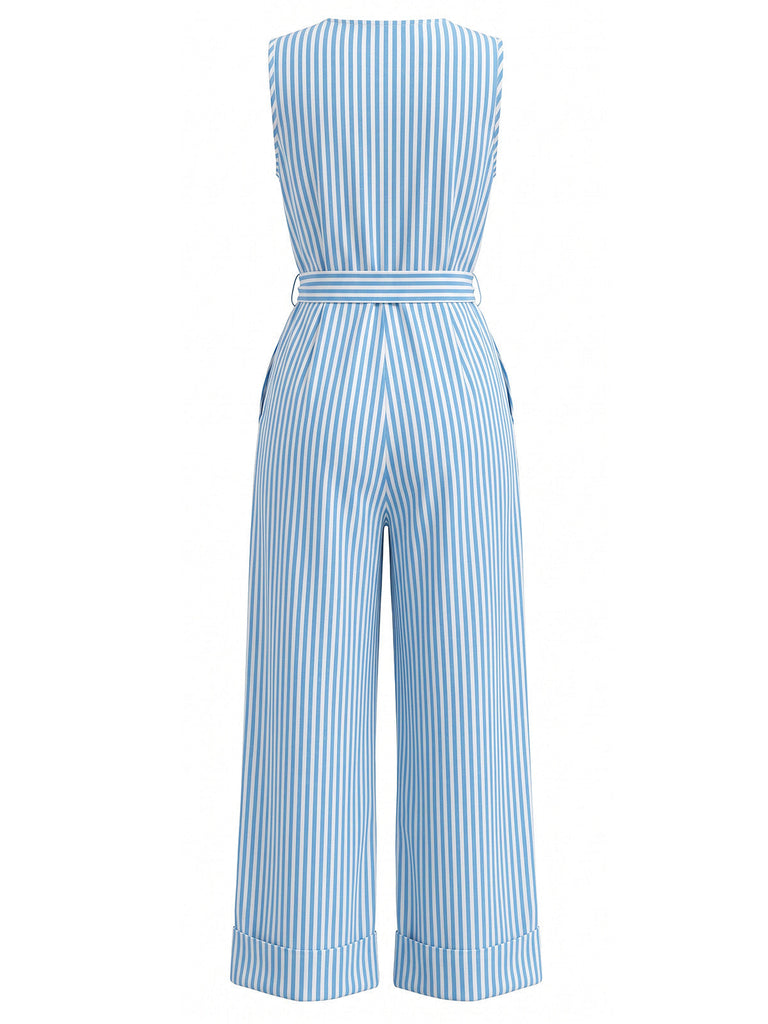 Blauer 30er Ärmelloses Jumpsuit mit V-Ausschnitt und Streifen