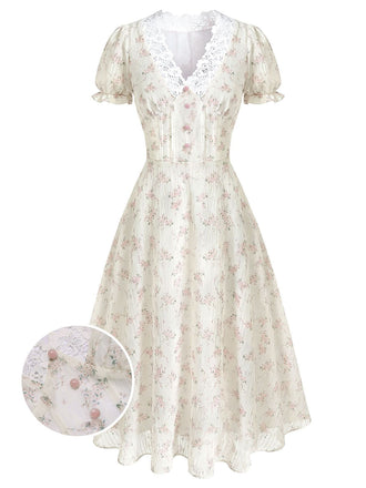 1940er Blumen Spitze V-Ausschnitt Kurzarm Midi Kleid