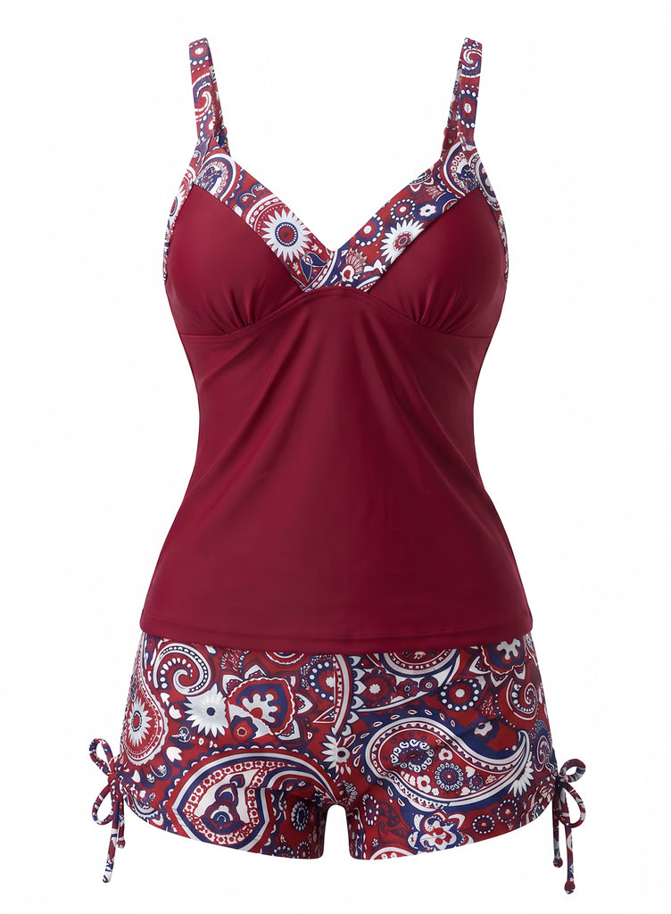 70er Bohemian Tankini-Set mit V-Ausschnitt und Riemen