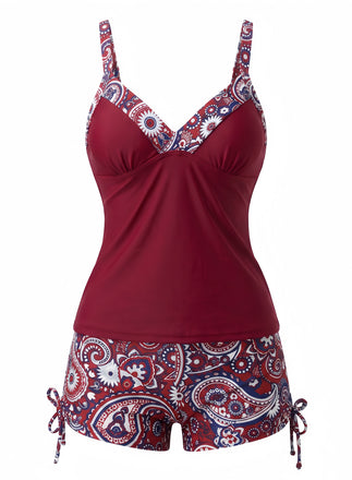 70er Bohemian Tankini-Set mit V-Ausschnitt und Riemen