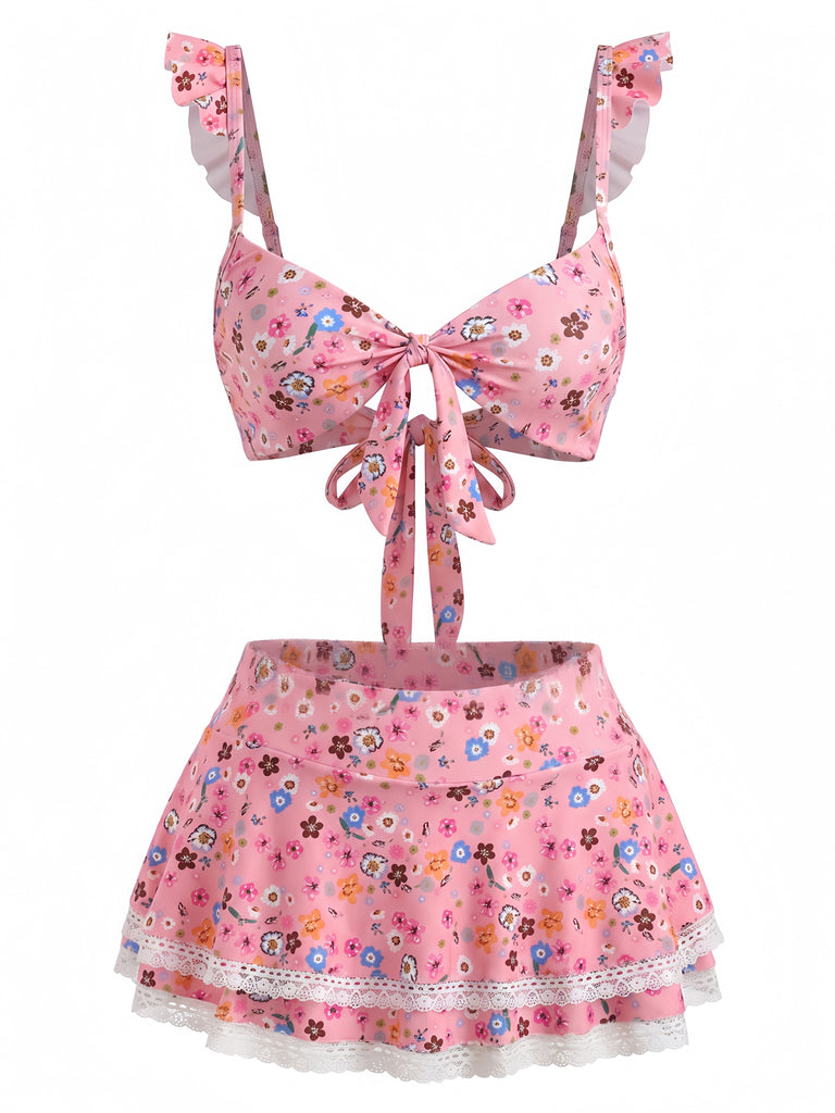 40er Bikini-Set mit Ditsy-Blumen und Rüschen