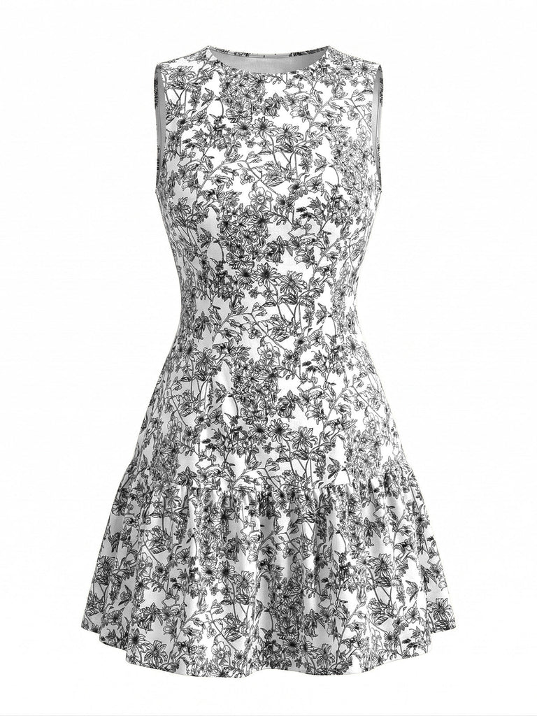 50er Ärmelloses Kleid mit Ditsy-Blumen und A-Linie