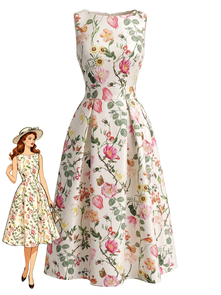 40er Ärmelloses Kleid mit Blumen-Print und Bootskragen
