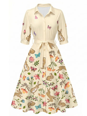 [Vorverkauf] Apricot 40er Blumenkleid mit Osterhase und Gürtel