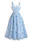 Hellblaues 40er Kleid mit Blumenmuster und eckigem Ausschnitt