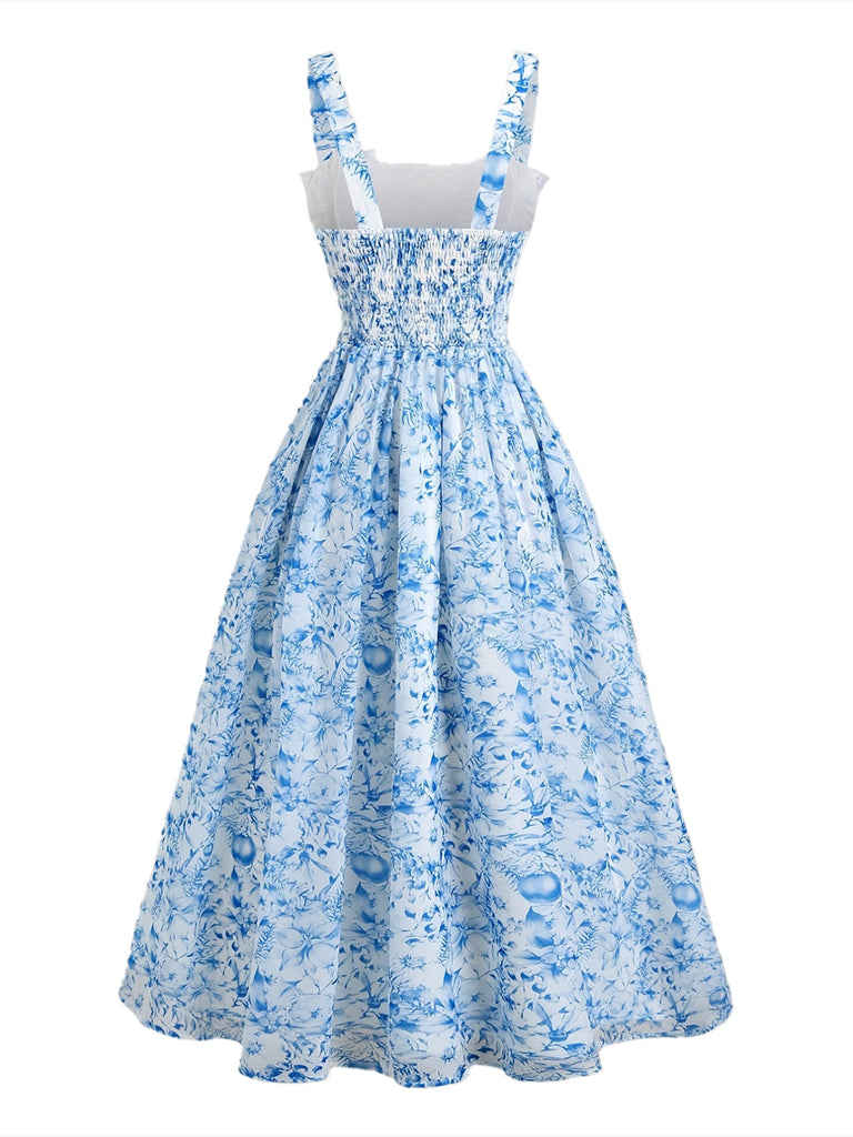Blaues 40er Swingkleid mit Eckiger Ausschnitt und Schleife