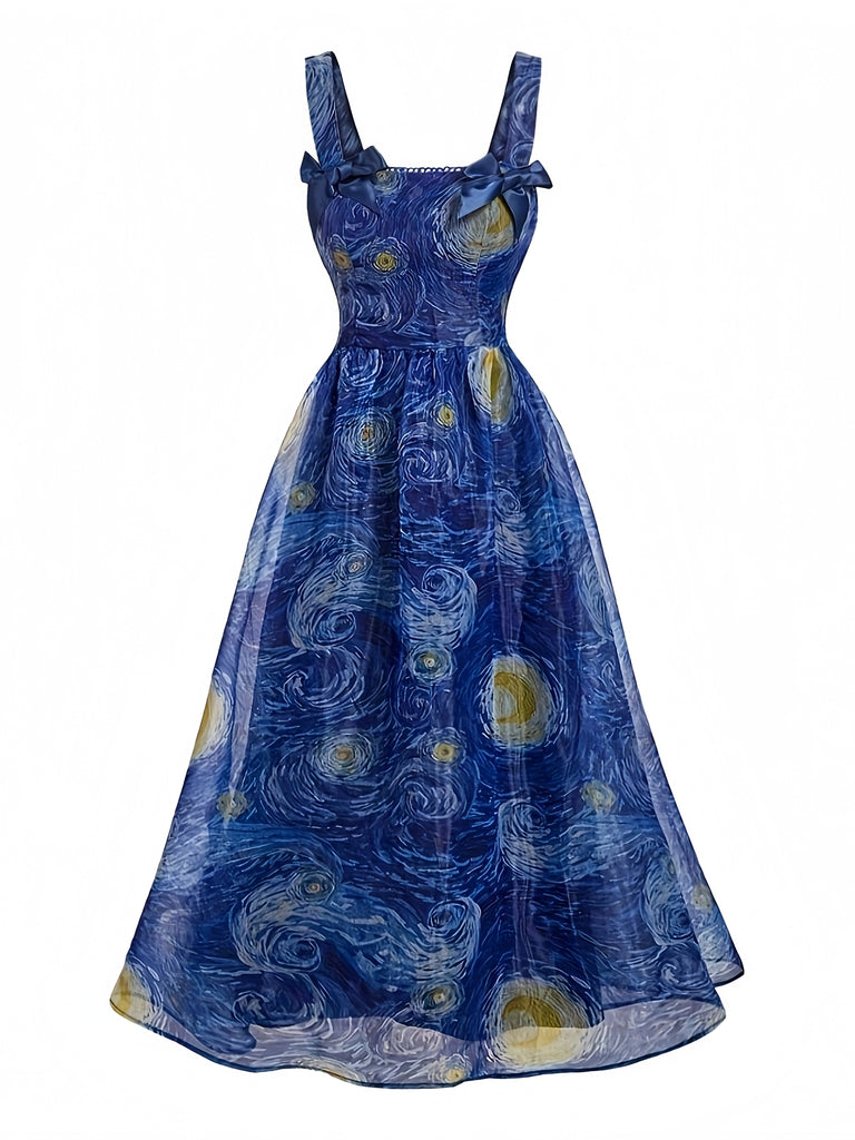 Blaues 40er Swingkleid mit Eckiger Ausschnitt und Schleife