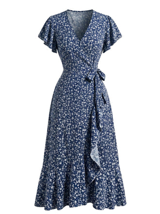 Orange 40er Meerjungfrauenkleid mit Ditsy-Blumen und V-Ausschnitt