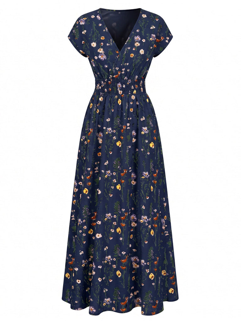 40er Maxikleid mit V-Ausschnitt und Blumen