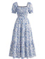 Blaues 40er Kleid mit eckigem Ausschnitt und Blumen