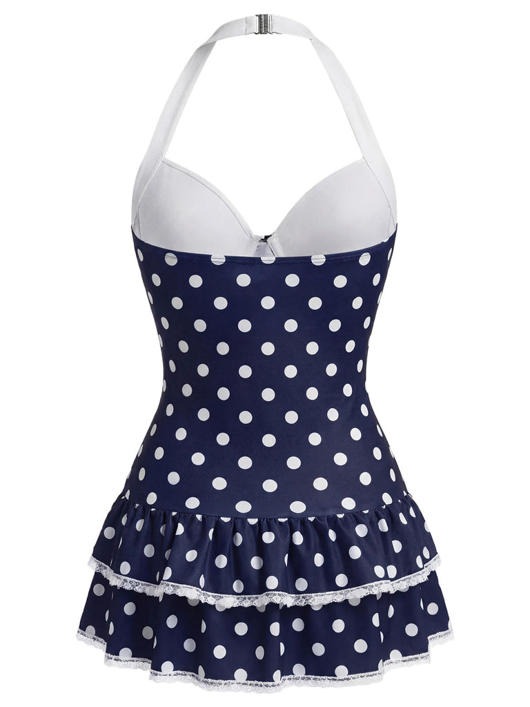 Weiß 1940er Halter Polka Dots Schleife Einteiliger Badeanzug