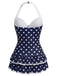 Weiß 1940er Halter Polka Dots Schleife Einteiliger Badeanzug