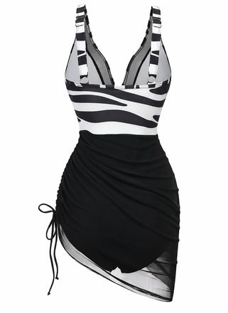 Schwarzer & Weißer 40er Netz-Badeanzug mit Print und Zebra