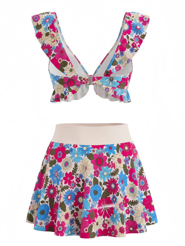 Mehrfarbig 1940er Blumen Rüschen Herzausschnitt Tankini Set