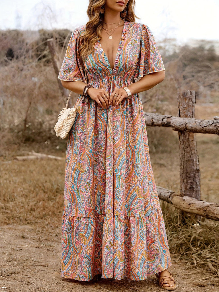 Paisley-Kleid im Vintage-Stil der 1940er Jahre mit V-Ausschnitt – Vintage-Kleid, Retro-Mode
