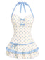 [Vorverkauf] Blaues 40er Badekleid mit Polka-Dots und Neckholder