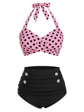 [Vorverkauf] Rosa 40er Bikini-Set mit Polka-Dots und Neckholder