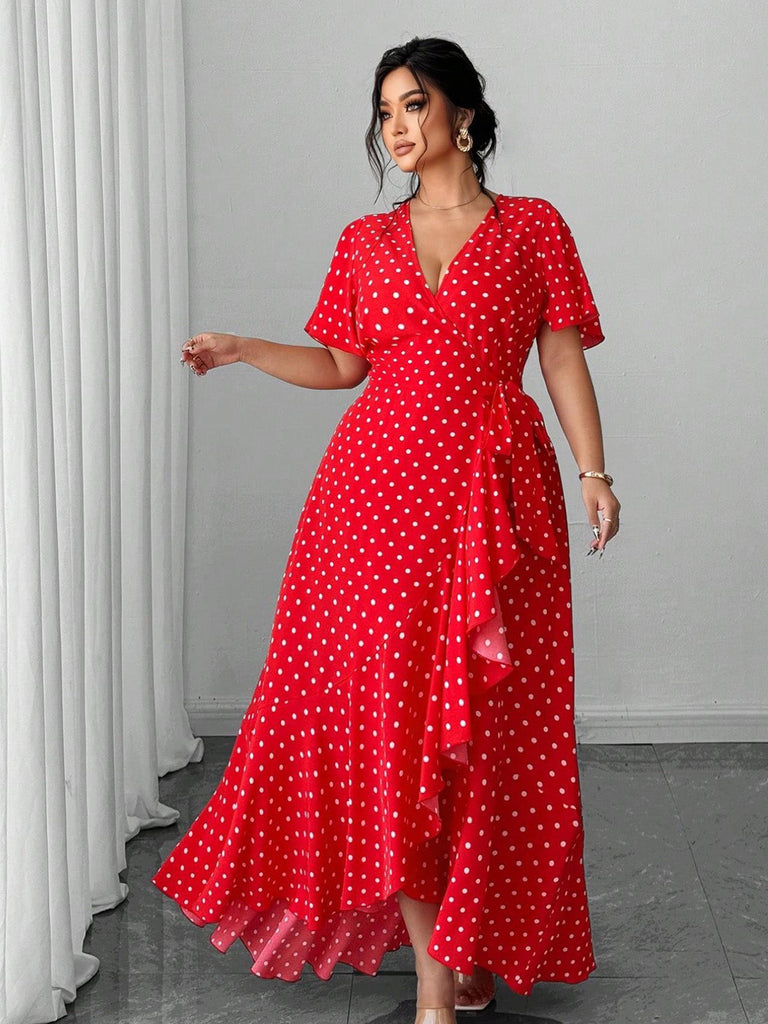 [Übergröße] 40er Maxikleid mit Polka-Dots und V-Ausschnitt