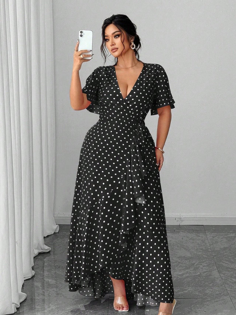 [Übergröße] 40er Maxikleid mit Polka-Dots und V-Ausschnitt