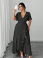 [Übergröße] 40er Wickel-Maxikleid mit Polka-Dots und Rüschen
