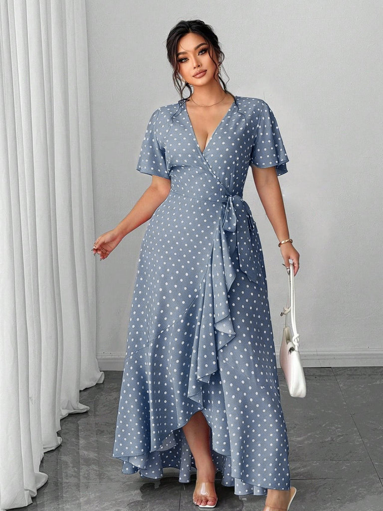 [Übergröße] 40er Maxikleid mit Polka-Dots und V-Ausschnitt