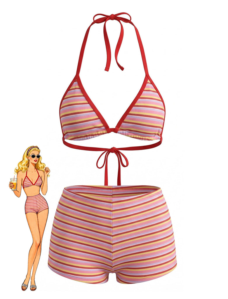 Verrotten 1940er Streifen Halfter Gerippt Dreieck Bikini-Set