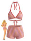 40er Bikini-Set mit Neckholder, Streifen und geripptem Dreieck in Rot
